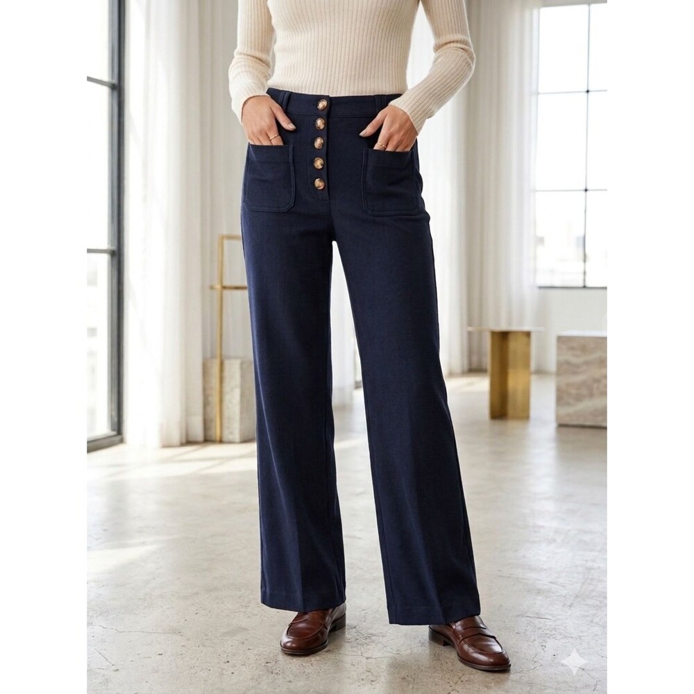 House of Harlow 1960 Ribbed Knit Wide Leg Button Fly Pants in Navy size 12